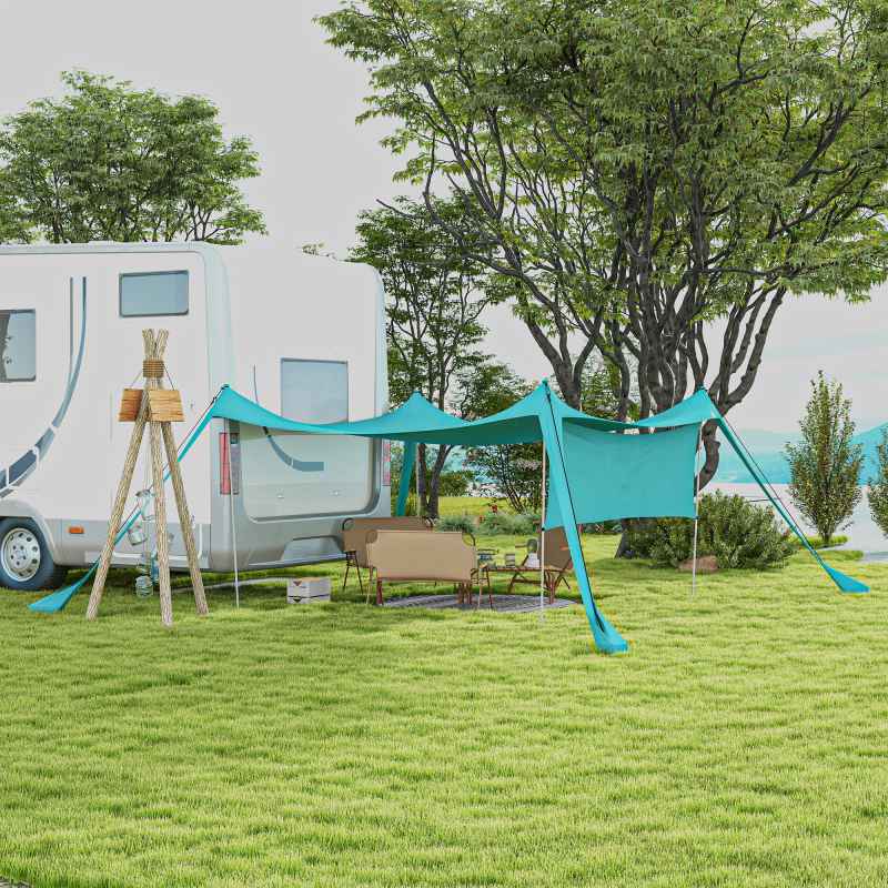 Outsunny Beach Tent, Sunshade Event Shelter with Detachable Sidewall, Reinforced Corners, Stability Poles and Carry Bag, for Camping, Trips, Fishing, Picnics, 3 x 3 m, Sky Blue