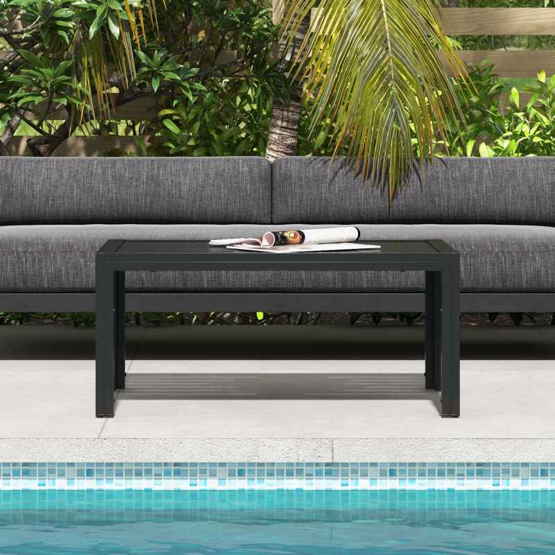 Outsunny Garden Coffee Table, Rectangular Patio Side Table with Steel Frame and Slat Tabletop for Outdoor, Balcony, 101.5 x 61cm, Black