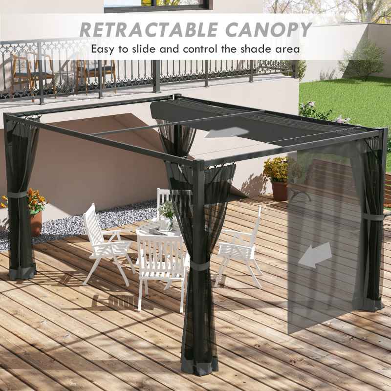 Outsunny 3 x 4 m Pergola with Retractable Roof Canopy and Netting Sidewalls, Aluminium Frame Garden Gazebo Outdoor Sun Shade Shelter for Grill, Patio, Deck, Dark Grey