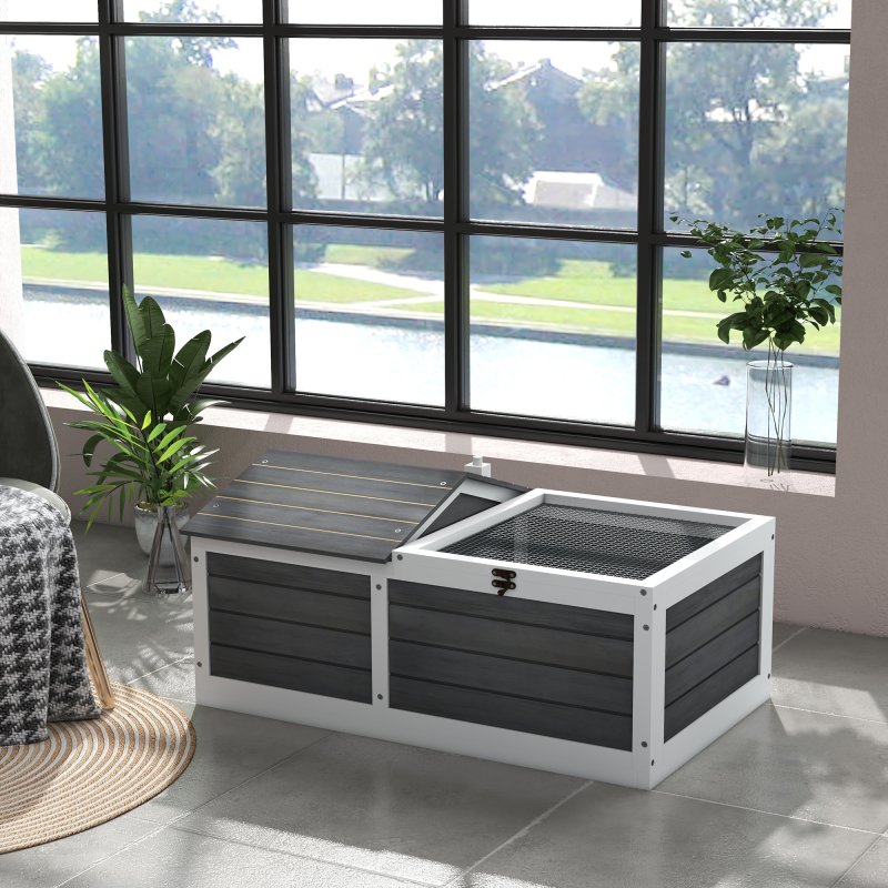 PawHut Wooden Tortoise House, Tortoise Table with Hide Shelter Run, Openable Top, Tray, Dark Grey