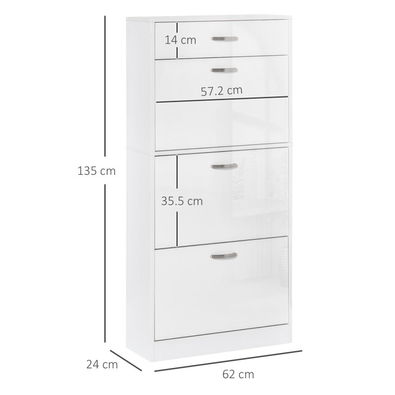 HOMCOM Shoe Cabinet with 3 Flip Drawers, High Gloss Shoe Storage Cabinet with Top Drawer and Adjustable Shelves, Shoe Cupboard for 18 Pairs