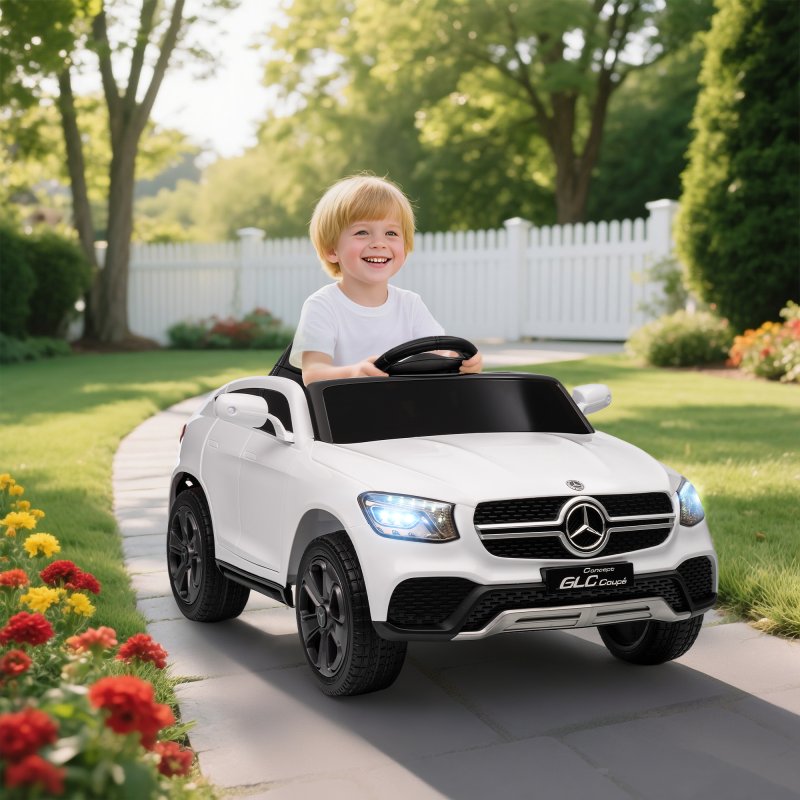 AIYAPLAY Mercedes-Benz GLC Coupe Licensed Kids Ride on Car, 12V Battery Powered Kids Electric Car with Remote Control, Soft Start, LED Light, Music, MP3, 3 Speed, for 3-6 Years, White