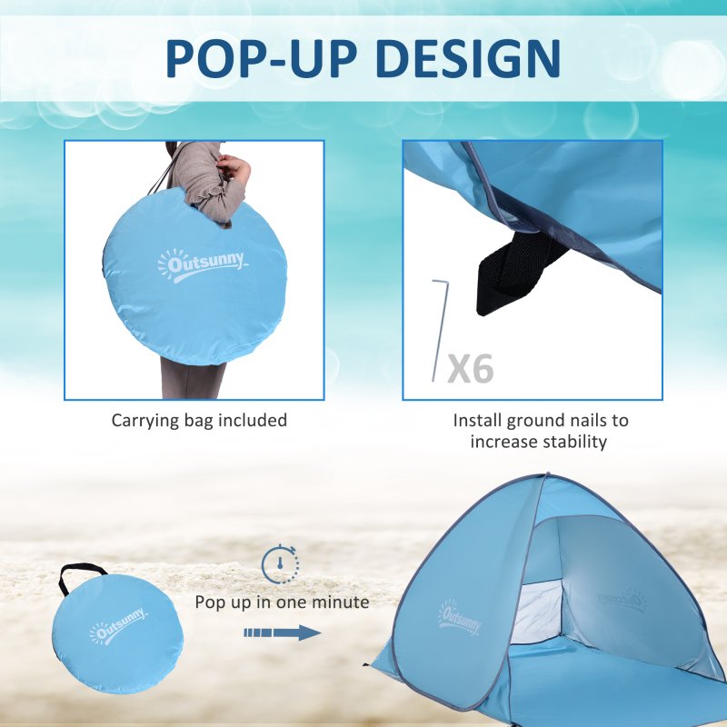 Outsunny Pop up Beach Tent, UV 30+ Portable Sun Shelter with Carry Bag, 2x1.5m for 2-3 Person, Blue
