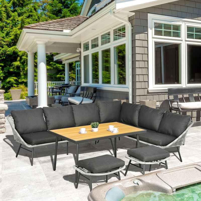 Outsunny 5 Piece Rattan Garden Furniture Sets, 6 Seater Outdoor Sofa Sectional with Wicker Sofa, Footstool and Wood-Plastic Coffee Table for Yard, Poolside, Grey
