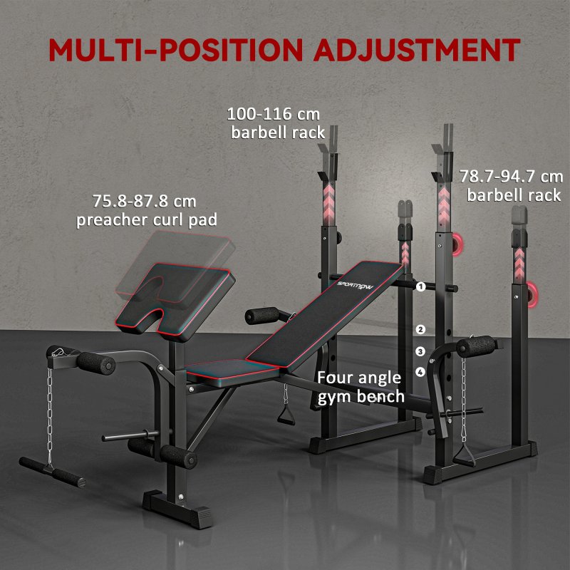 SPORTNOW Weight Bench with Bench Press Rack, Preacher Curl Bench, Leg Curl Machine, Incline or Flat Workout Bench for Home Gym Strength Training Weight Lifting