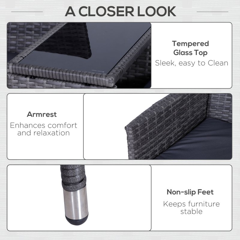 Outsunny 2 Seater Rattan Sofa with Cushions, Wicker Garden Loveseat with Armrests, Outdoor Garden Sofa Couch with Metal Frame for Patio, Mixed Grey