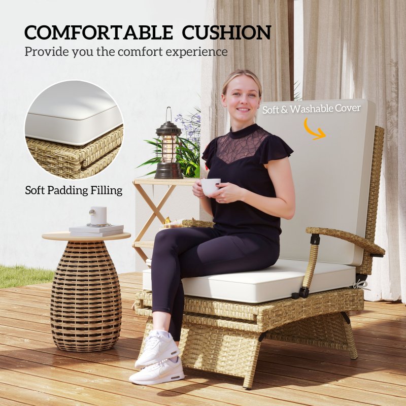 Outsunny Outdoor PE Rattan Recliner Chair with Cushion, Foldable Design Garden Recliner Chair with Retractable Footrest and Adjustable Back with 80 degree Recline, Beige
