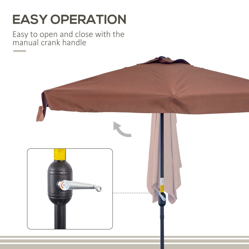 Outsunny 2.3m Half Parasol Semi Round Umbrella Patio Metal Frame Crank Handle for Balcony- NO BASE INCLUDED, Brown