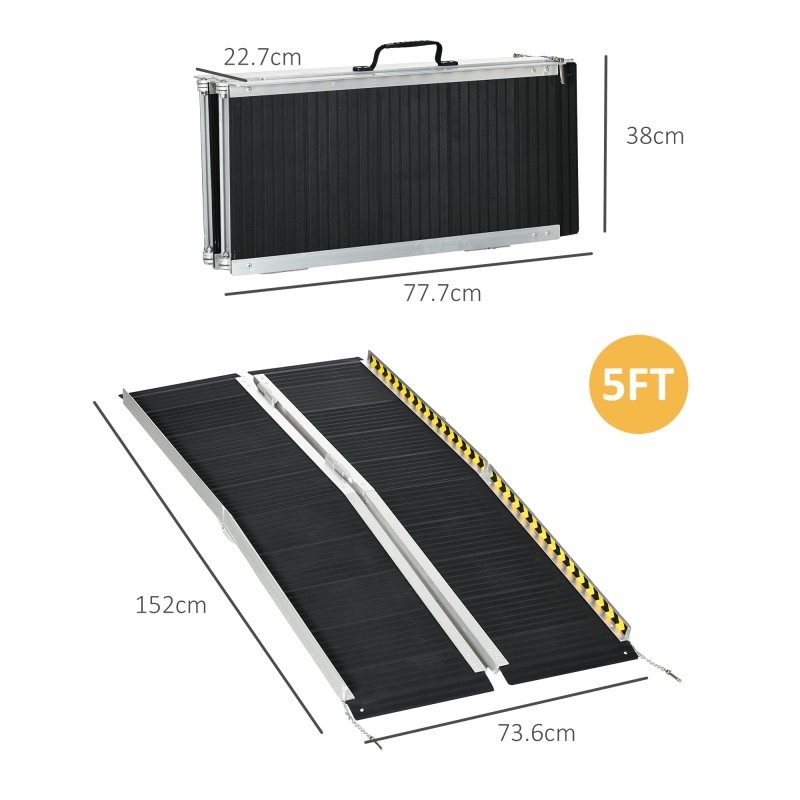 HOMCOM Wheelchair Ramp,  Folding Aluminium Threshold Ramp with Non-Skid Surface, Transition Plates Above and Below for Home, Steps, Stairs, Curbs, Doorways