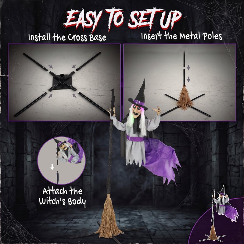 HOMCOM 200cm Life Size Animated Flying Witch Halloween Decorations Outdoor Indoor, Scary Halloween Animatronics Decor with Sound Touch Activated, Light Up Animated Prop for Yard Garden