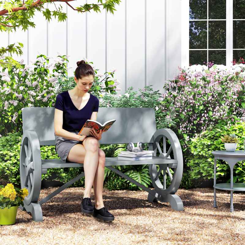 Outsunny Wooden Garden Bench, 2 Seater Outdoor Bench Outdoor with Wagon Wheel Armrests and High Back, Grey