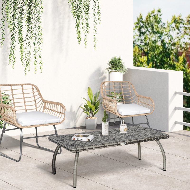 Outsunny Rattan Coffee Table, Patio Wicker Table with All-Weather Material for Garden, Balcony, Backyard, Grey