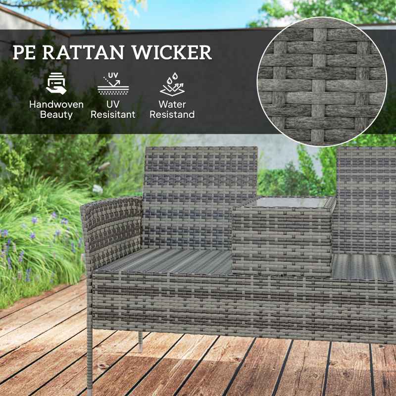 Outsunny 2 Seat Rattan Garden Bench, Patio Wicker Chair with Glass Tea Table, Outdoor Love Seat with Padded Cushions, for Garden, Porch, Charcoal Grey/Grey