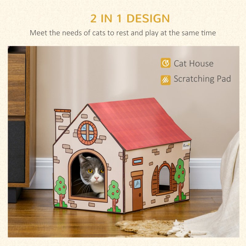 PawHut Cardboard Cat House with Scratcher, Catnip, Recyclable Corrugate Scratcher for Indoor Cats, Cat Scratching Board Pad,  42 x 30 x 37cm