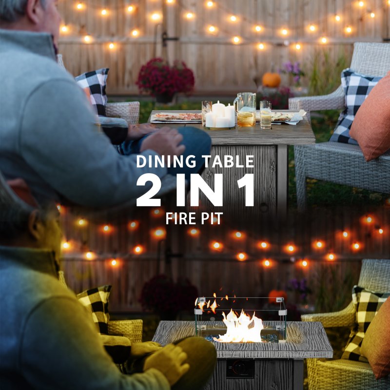 Outsunny Propane Gas Fire Pit Table for Garden, 40000 BTU Smokeless Firepit Outdoor Patio Heater with Waterproof Cover, Glass Screen, Glass Beads and Lid, Wood Effect, 71 x 71 x 62.5cm, Grey