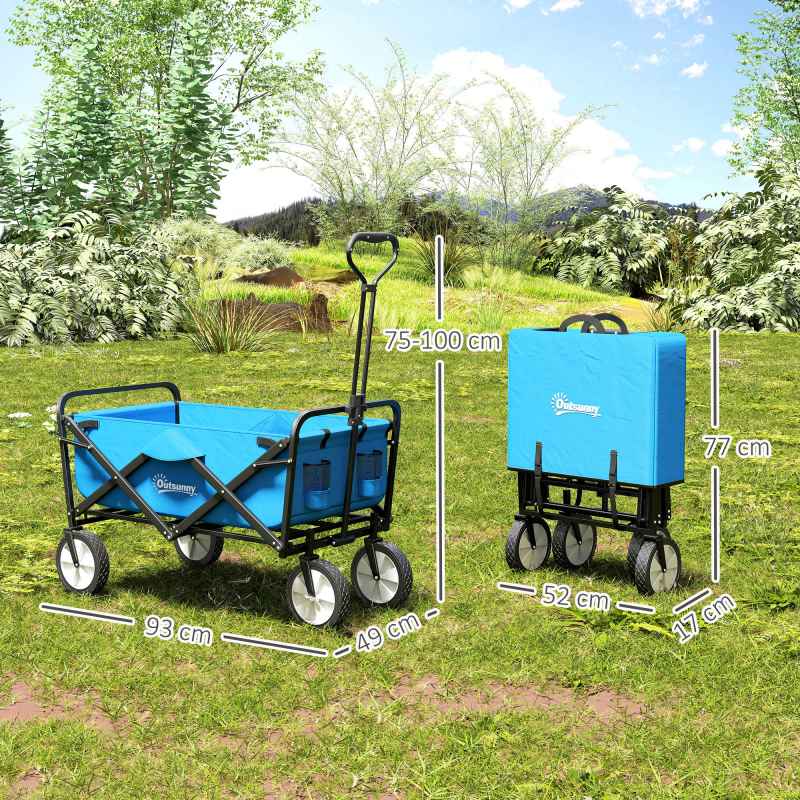 Outsunny 90L Festival Trolley on Wheels, Folding Camping Trolley Cart with Adjustable Handle, Portable for Outdoor, Garden, Shopping, Fishing, Blue