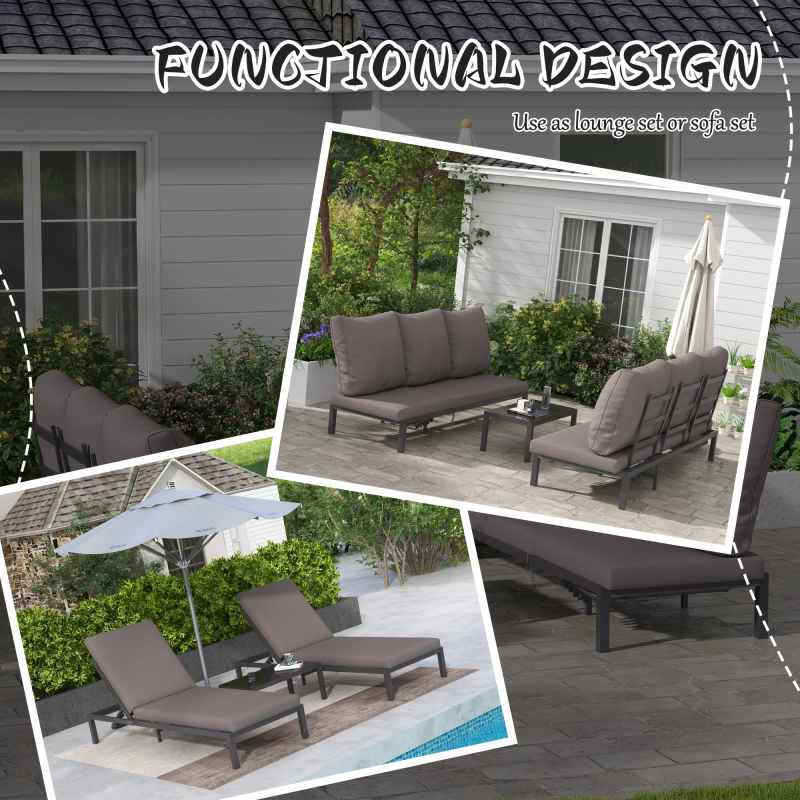 Outsunny 3 Pieces Garden Sun Loungers Set with Cushion, 5-level Adjustable Outdoor Recliner Bed Set w/ Glass Top Table, 2-In-1 Design Aluminium Frame Recliner Lounge or Use As Sofa Bed, Grey