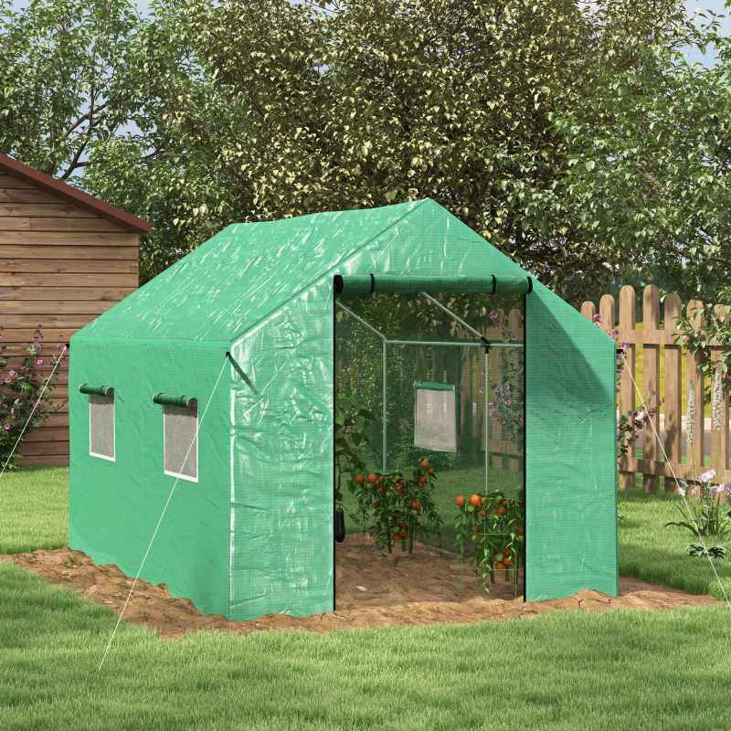 Outsunny 2 x 3(m) Walk-in Polytunnel Greenhouse with Wide Roll-up Door, 4 Mesh Windows, Tunnel Warm House Tent with UV-resistant PE Cover, Green