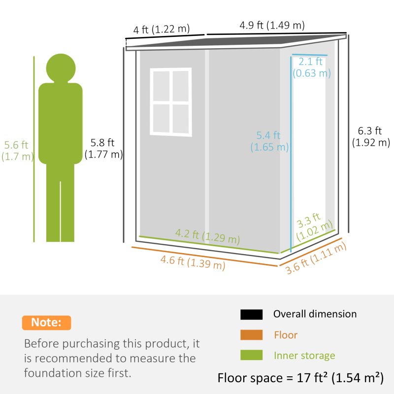Outsunny 4 x 5FT Plastic Garden Shed with Floor, Lean to Shed, Lockable Tool Storage House with Window, Vent and Plastic Roof, Grey