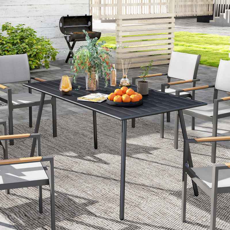 Outsunny Garden Dining Table for 6 Person, Rectangle Outdoor Table with Easy Clean Slat Top, Rust Resistant Steel Frame, for Terrace, Balcony, 150 x 80 x 74 cm, Black