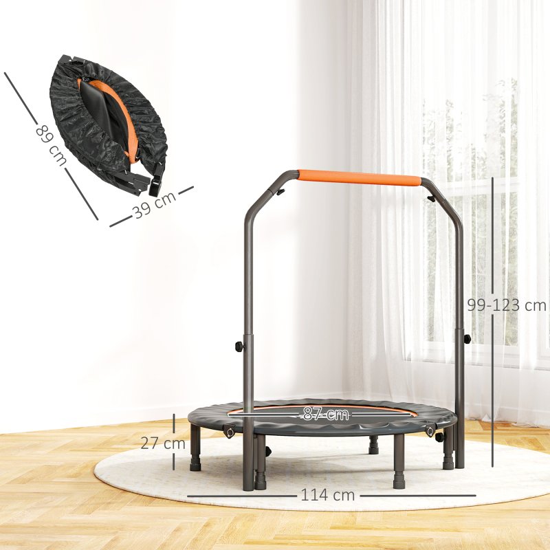 HOMCOM 45" Foldable Mini Trampoline Fitness Trampoline Rebounder for Adults with Adjustable Foam Handle, for Indoors, Outdoors, Cardio Training, Orange
