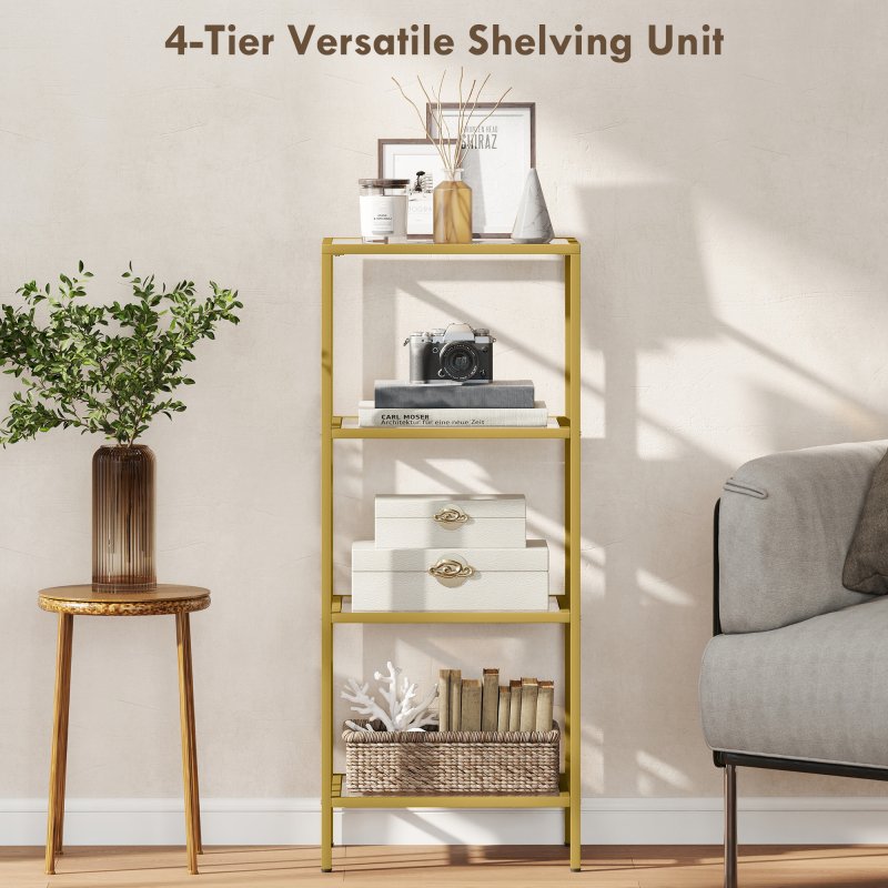 HOMCOM 4-Tier Shelving Unit, Modern Glass Shelf, Bookshelf, Storage Rack for Living Room, Home Office, Bedroom, Bathroom, 40 x 30 x 97 cm, Gold Tone
