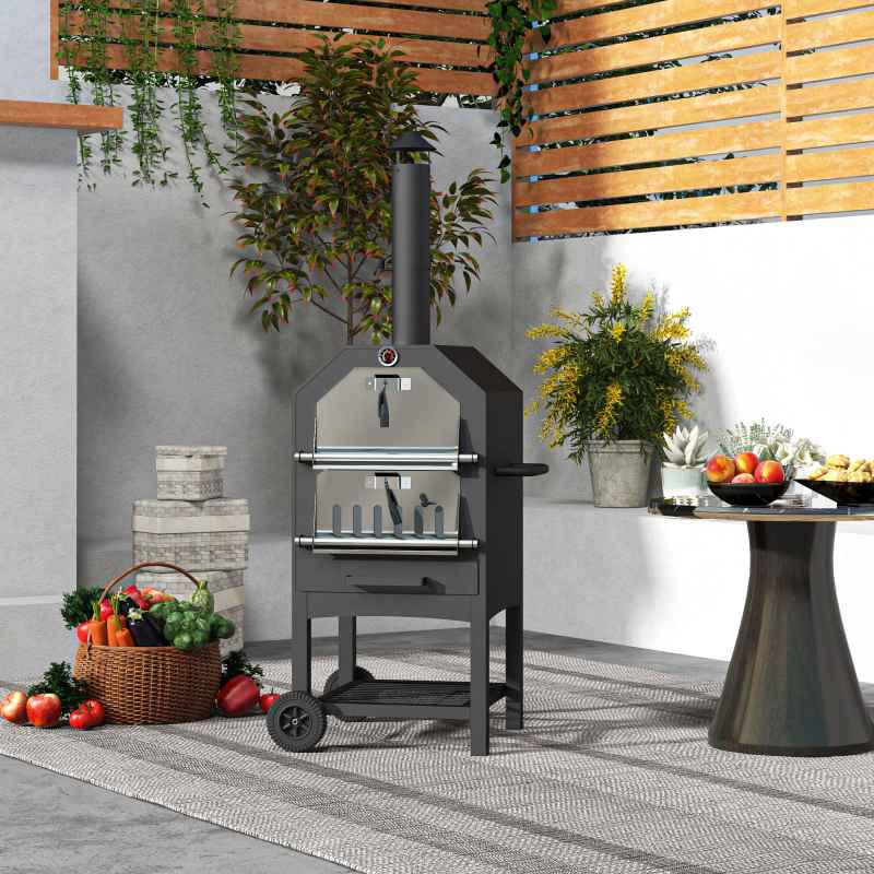 Outsunny 2-in-1 Outdoor Pizza Oven 3-Tier Freestanding Charcoal BBQ Grill with Rain Cover, Chimney, Thermometer, Bottom Shelf, Anti-scald Handles, Wheels for Garden Party Gathering