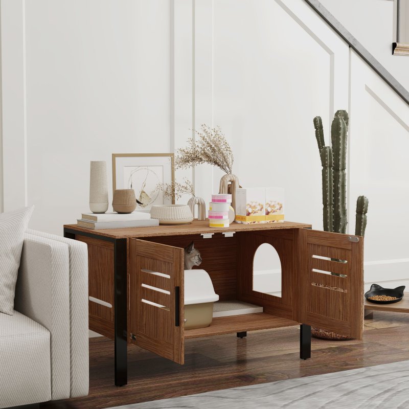 PawHut Cat Litter Box Enclosure, Hidden Litter Box Furniture Washroom with Tall Legs, Scratching Board, Double Doors, Ventilation Holes, Indoor Cat House Side End Table, 80 x 45 x 50 cm, Dark Brown