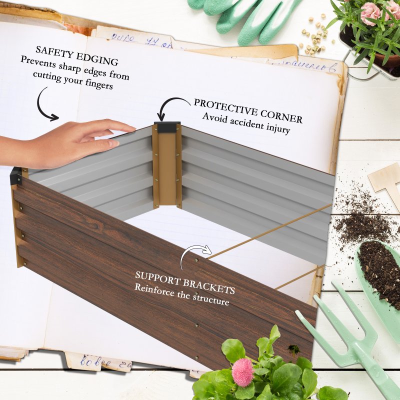 Outsunny Galvanised Raised Bed for Garden, Rectangular Outdoor Elevated Planter Box with Safety Edging and Open Bottom for Growing Flowers, Herbs and Vegetables, 240 x 60 cm, Dark Brown