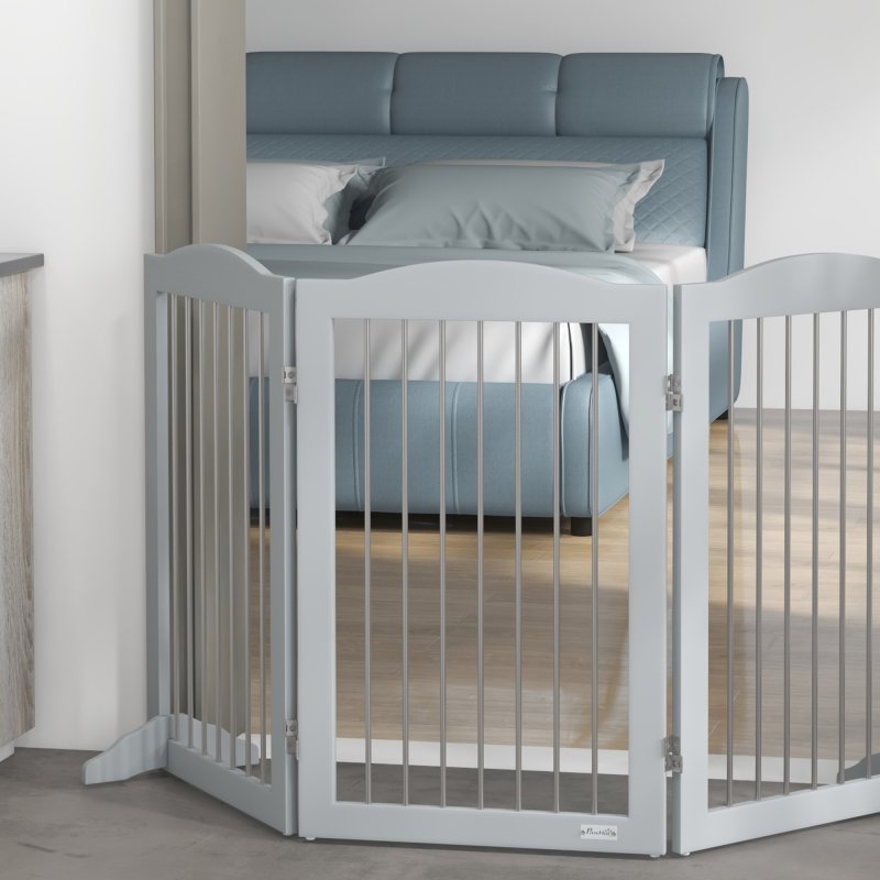 PawHut Foldable Dog Gate, Freestanding Pet Gate, Dog Barrier with Two Support Feet, for Doorways, Stairs, Halls - Grey