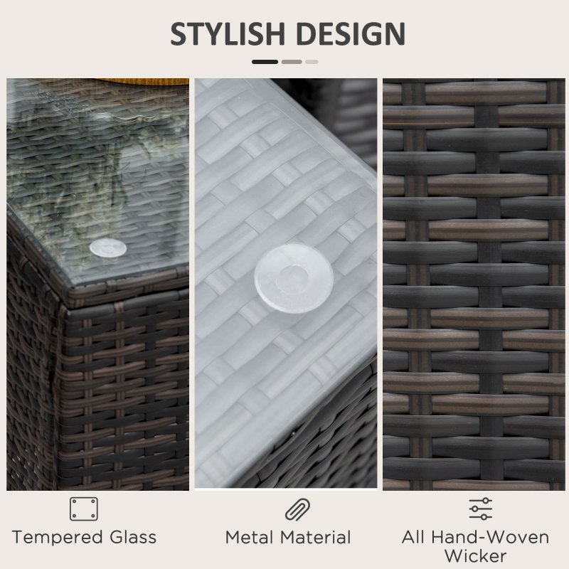 Outsunny Patio PE Rattan Side Table, Square Outdoor Coffee Table w/ Tempered Glass Top, Mixed Brown