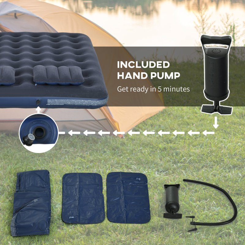 Outsunny Double Air Bed with 2 Pillows, Hand Pump, Inflatable Mattress with Flocked Surface for Guest, Camping, Travel, 191 x 137 x 22cm