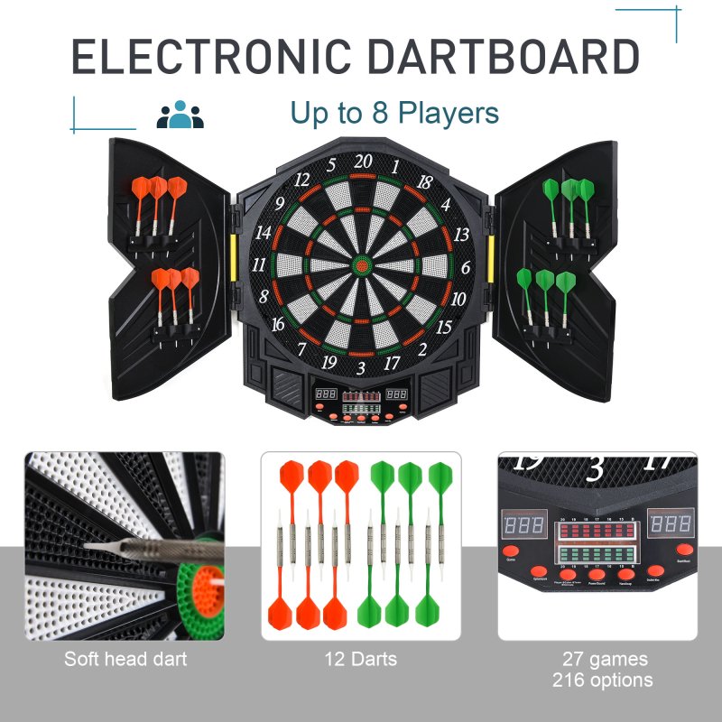 HOMCOM DART BOARD SET ELECTRONIC DARTBOARD LED DIGITAL SCORE DISPLAY SOFT TIP 27 GAMES SPEAKER SOUND WITH DARTS