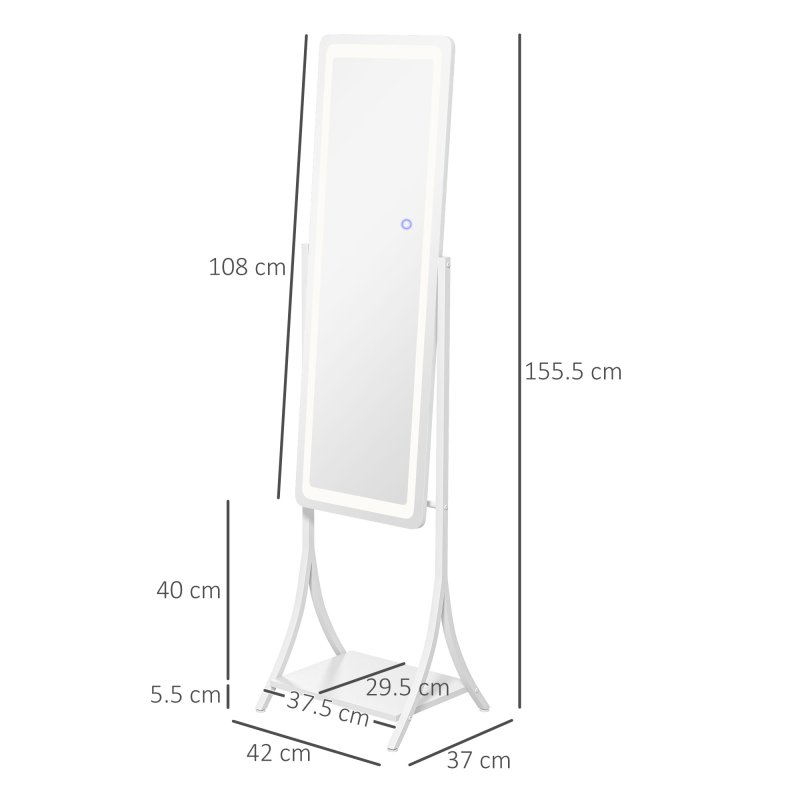 HOMCOM Full Length Mirror with LED Lights, Dimmable Free Standing Full Body Mirror with 3 Temperature Colours, Adjustable Angle and Storage Shelf for Bedroom, Living Room, Hallway, White