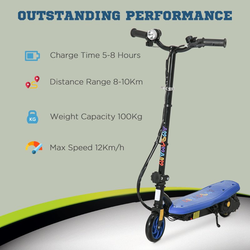 HOMCOM 120W E-Scooter Folding Electric Scooter with 12km/h Maximum Speed, Three Mode LED Headlight, Adjustable Height, Warning Bell, for Ages 7-14 Years - Blue