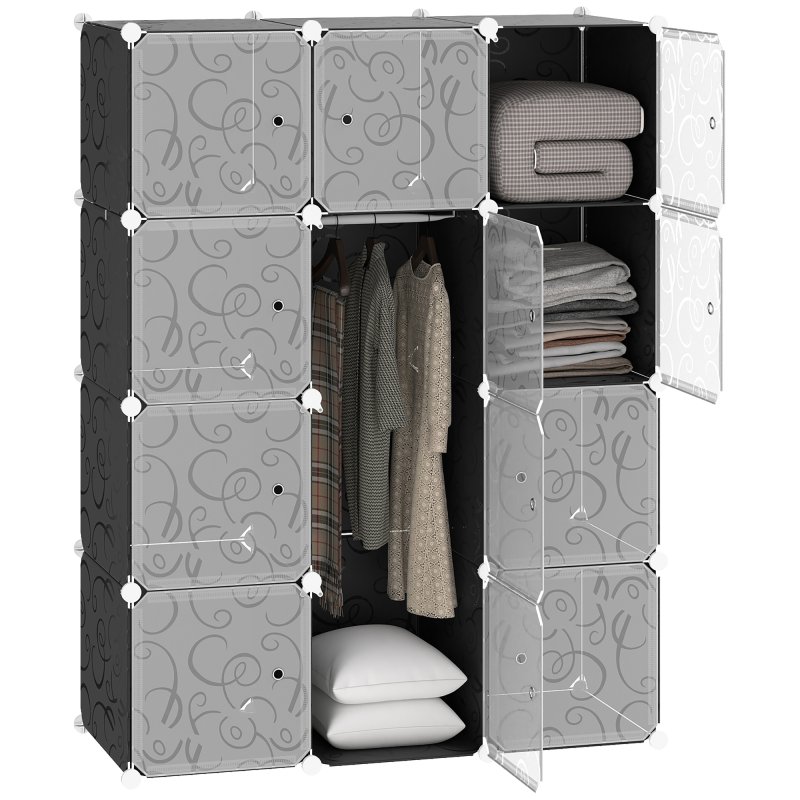 HOMCOM Portable Wardrobe for Bedroom, 12 Cube Closet with 2 Hanging Rails, Modular Storage Cabinet, Plastic Armoire for Space Saving, White and Black