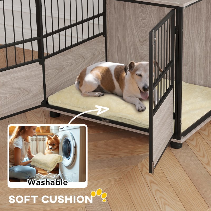 PawHut Dog Crate Furniture, Dog Cage End Table Indoor with 3 Doors, Furniture Style Dog Crate with Soft Washable Cushion, for Medium Dogs, 80L x 60W x 68Hcm