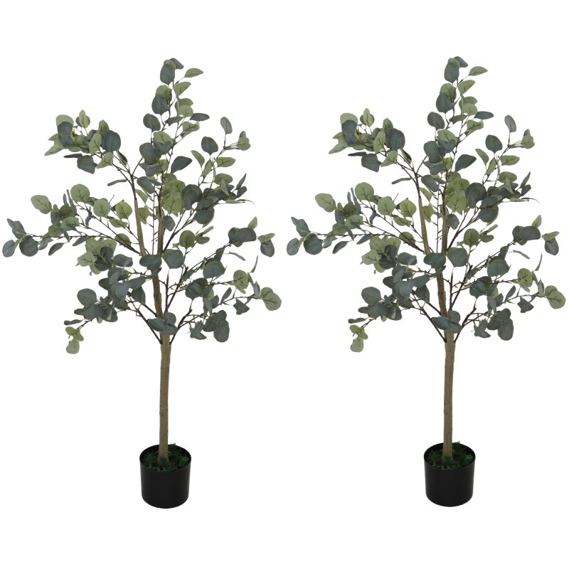 HOMCOM Set of 2 Decorative Artificial Tree, 4ft/ 120cm Silk Eucalyptus Trees with 230 Silver Dollar Leaves in Pot, Fake Plants for Home, Office, Living Room, Indoor Decor