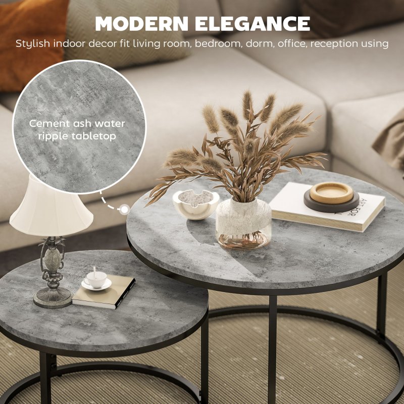HOMCOM Round Nesting Coffee Table Set of 2, Large Stacking End Side Table with Steel Frame for Living Room, Bedroom, Home Office, 78.5 x 78.5 x 46.5 cm, Cement Grey
