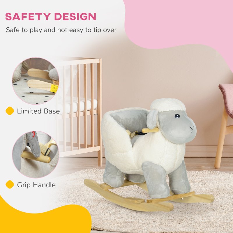 AIYAPLAY Rocking Horse, Kids Ride on Horse, Rocking Animal, Plush Ride on Lamb with Safety Belt, Sound, for Ages 18-36 Months, Grey