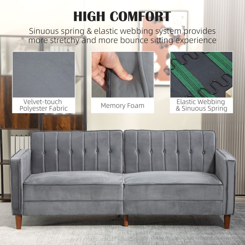HOMCOM 3 Seater Velvet Sofa Bed, 189cm Click Clack Sofa Bed, Button Tufted Sleeper Couch with Split Reclining Backrest and Rubber Wood Legs