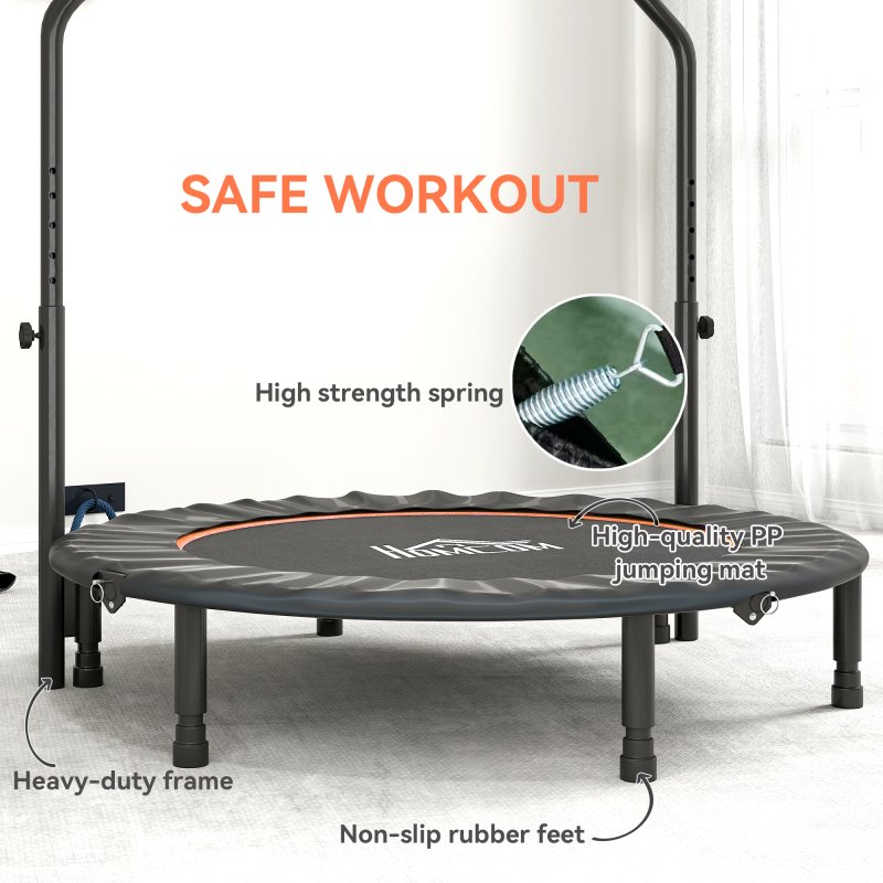 HOMCOM 48" Foldable Mini Trampoline Fitness Trampoline Rebounder for Adults with Adjustable Foam Handle, for Indoors, Outdoors, Cardio Training, Orange