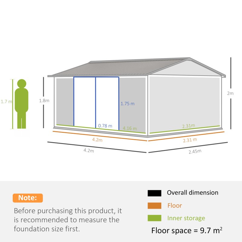 Outsunny 14 x 8ft Outdoor Garden Metal Storage Shed with Lockable Door, Tool Storage Box with Sloped Roof, 4 Windows and Floor Foundation for Backyard, Patio and Lawn - Grey