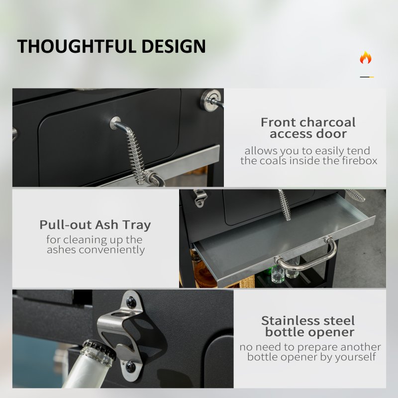 Outsunny Charcoal Barbecue Grill Trolley with Adjustable Charcoal Pan, Galvanised Steel Smoker BBQ Grill with Storage Shelves, Lid, Themometer, Bottle Opener and Wheels, Black