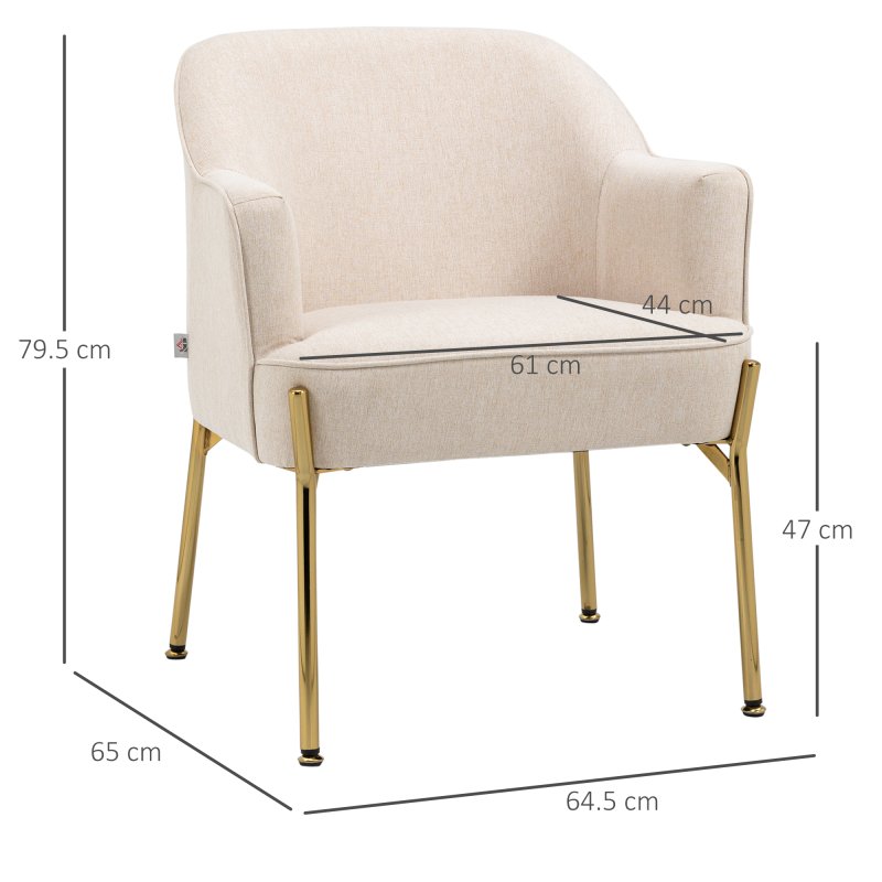 HOMCOM Accent Chair, Living Room Armchair, Vanity Chair with Gold Plating Metal Legs and Soft Padded Seat for Bedroom and Cafe, Cream