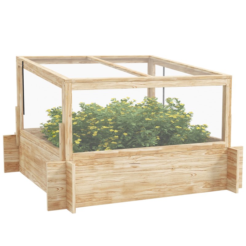 Outsunny Outdoor Raised Garden Bed with Cold Frame Greenhouse and Openable Top, Wooden Elevated Planter Box for Vegetables, Flowers and Herbs, 98x98x63.5cm