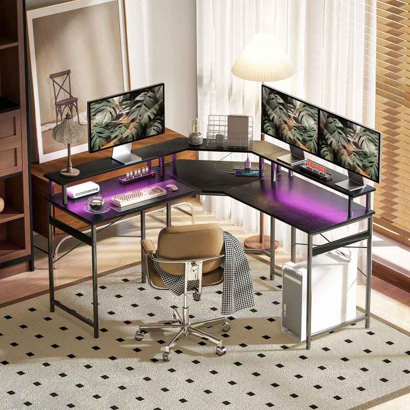 HOMCOM L Shaped Desk with Power Outlets and LED Lights, Corner Computer Desk with Monitor Stand, Gaming Desk for Home Office, Black