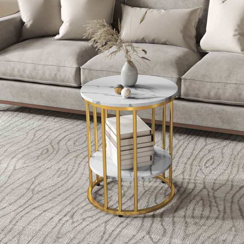 HOMCOM Round Coffee Table Set of 2, Marble-Effect Side Tables with Storage Open Shelf and Steel Frame for Living Room, Bedroom, Gold Tone