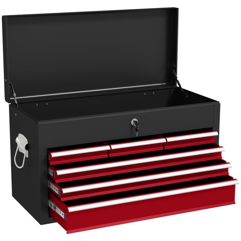 HOMCOM 6 Drawer Tool Chest, Lockable Metal Tool Box with Top Case, Ball Bearing Runners, Portable Toolbox, 600mm x 260mm x 340mm, Red