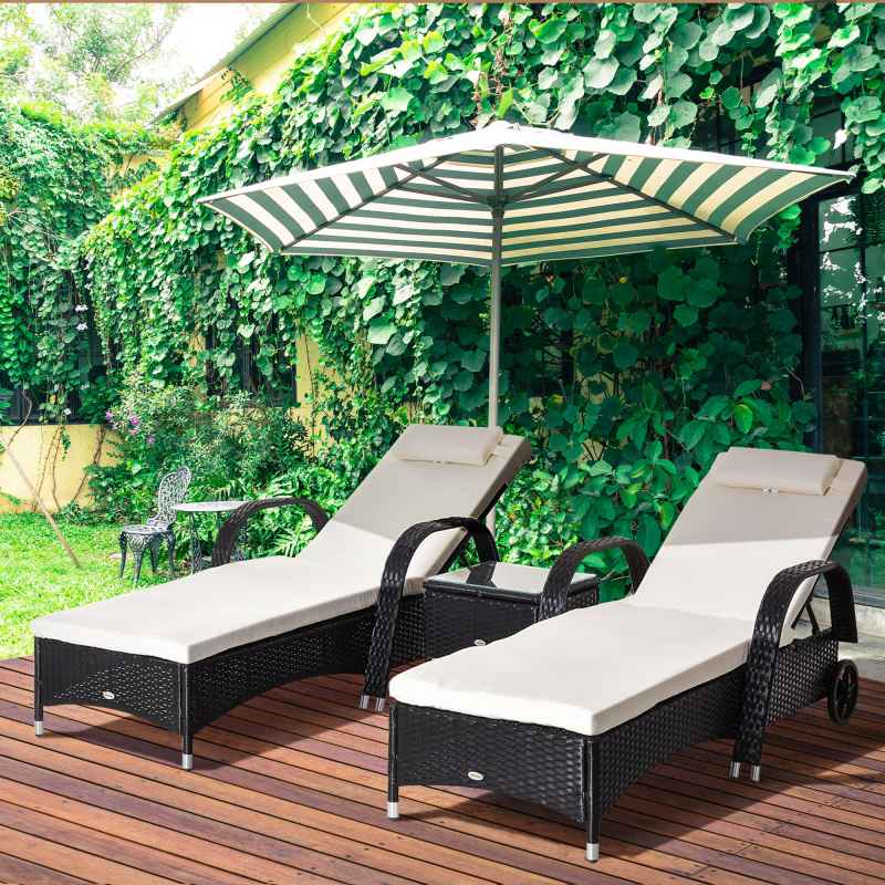 Outsunny 3 Pieces PE Rattan Patio Lounge Chair Set, Outdoor Recliner Lounge Chairs with Wheels, for Outside with Cushions, Headrest, Coffee Table for Garden, Poolside, Black